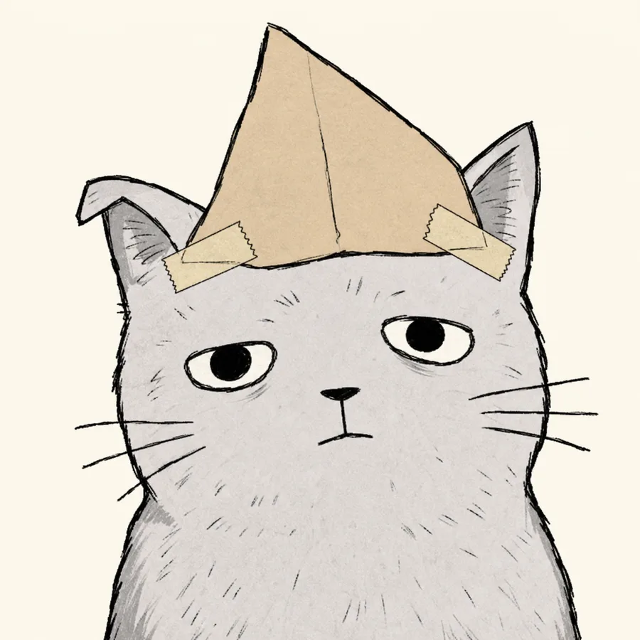 The tired Same Cat wearing the original paper hat