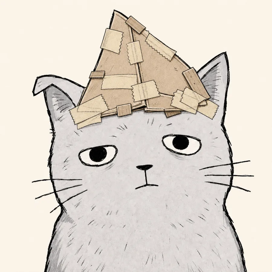 Same Cat wearing an over-engineered paper hat